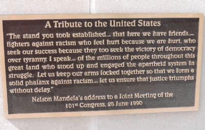 Marker Panel 2: "A Tribute to the United States" on the east face of the statue's pedestal image. Click for full size.
