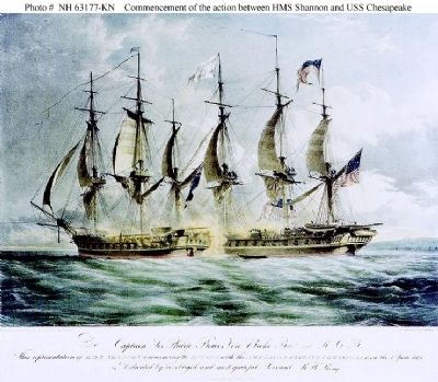 Commencement of the action between HMS Shannon and USS Chesapeake image. Click for full size.