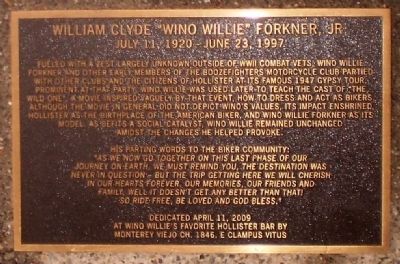 William Clyde "Wino Willie" Forkner, Jr. Marker image. Click for full size.