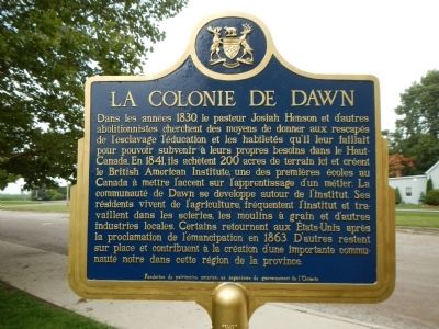 The Dawn Settlement Marker (French side) image. Click for full size.