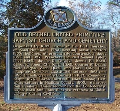 Old Bethel United Primitive Baptist Church and Cemetery Marker. Click for full size. Old Bethel United Primitive Baptist Church and Cemetery Marker image. Click for full size.