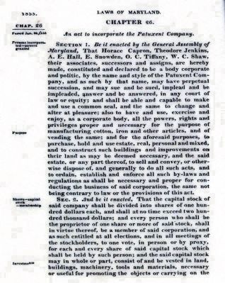 Patuxent Manufacturing Company Charter image. Click for full size.