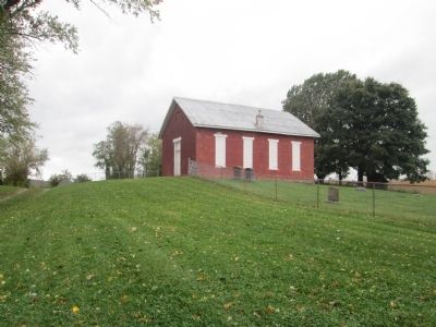 Piatt Landing old brick church or school, on knoll above cemetery image. Click for full size.