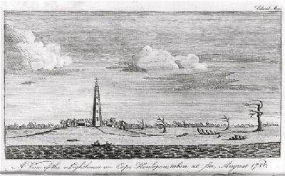 <i>A view of the lighthouse on Cape Henlopen, taken at sea, August 1780</i> image. Click for full size.
