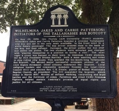 Wilhelmina Jakes And Carrie Patterson: Initiators of The Tallahassee Bus Boycott Marker image. Click for full size.
