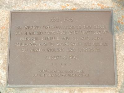 This plaque is located near the Sir Wilfred Thomason Grenfell Marker image. Click for full size.