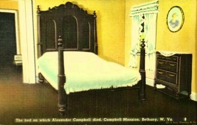 <i>The bed on which Alexander Campbell died, Campbell Mansion, Bethany, W. Va.</i>. Click for full size. <i>The bed on which Alexander Campbell died, Campbell Mansion, Bethany, W. Va.</i> image. Click for full size.