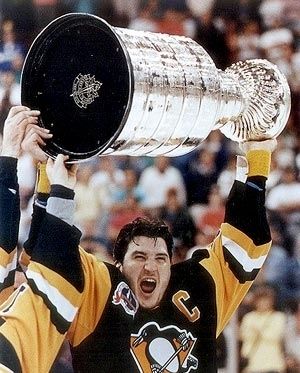 Mario Lemieux hoisting his first Stanley Cup image. Click for full size.