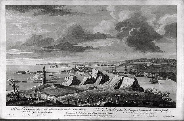 <i>A view of Louisburg in North America, taken near the light house when that city was besieged</i> image. Click for full size.