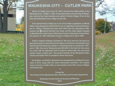 Waukesha City - Cutler Park Marker. Click for full size. Waukesha City - Cutler Park Marker image. Click for full size.