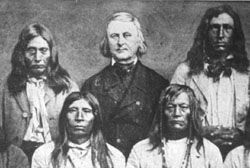 Father Pierre DeSmet poses with men from four native tribes image. Click for full size.
