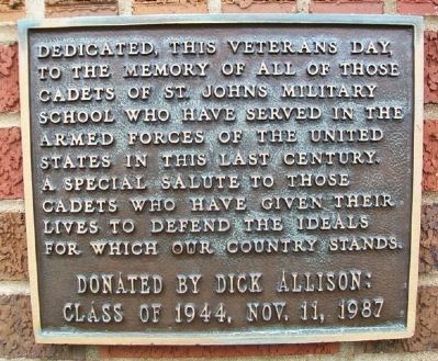 St. John's Military School Veterans Memorial Marker. Click for full size. St. John's Military School Veterans Memorial Marker image. Click for full size.