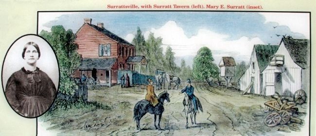 Surrattsville, with Surratt Tavern (left).<br> Mary E. Surratt (inset). image. Click for full size.