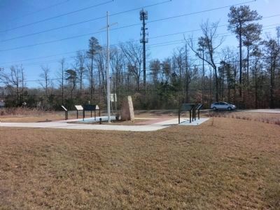 Distant photo showing The Battle Enjoined! Marker and the Slippery Hill Battle Monument image. Click for full size.