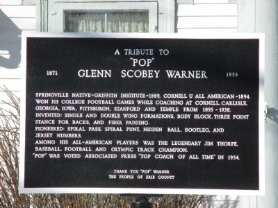 A Tribute to "Pop" Glenn Scobey Warner Marker. Click for full size. A Tribute to "Pop" Glenn Scobey Warner Marker image. Click for full size.