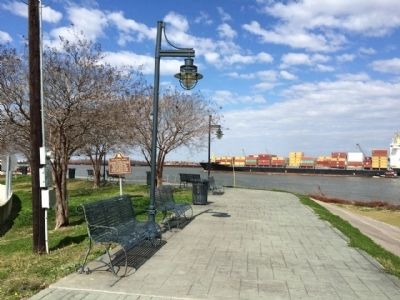 View of marker and container ship on the Mississippi. image. Click for full size.