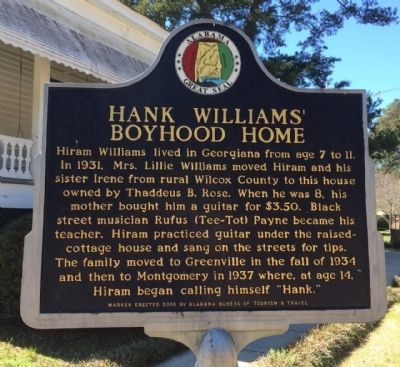 Hank Williams' Boyhood Home Marker image. Click for full size.