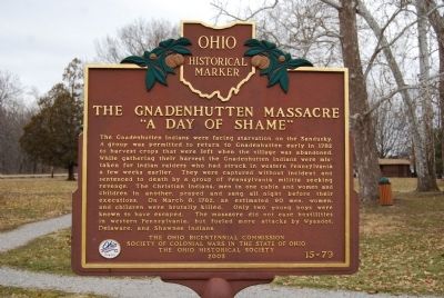 The Gnadenhutten Massacre, "A Day of Shame" Marker image. Click for full size.