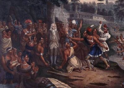 Photo of 19th century depiction of the incident in color. Collection of Historical Society. image. Click for full size.