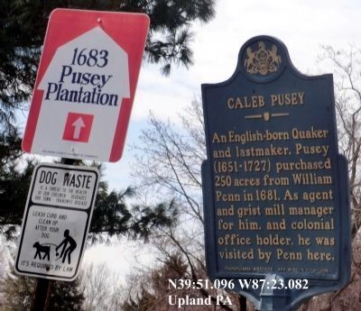 The Caleb Pusey Marker at the entrance to the Plantation image. Click for full size.