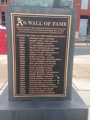 A's Wall of Fame Marker (reverse of Connie Mack statue). Click for full size. A's Wall of Fame Marker (reverse of Connie Mack statue) image. Click for full size.