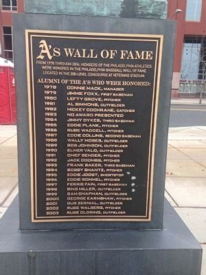 A's Wall of Fame Marker (reverse of Connie Mack statue) image. Click for full size.