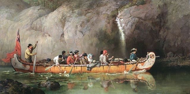Canoe Manned by Voyageurs Passing a Waterfall image. Click for full size.