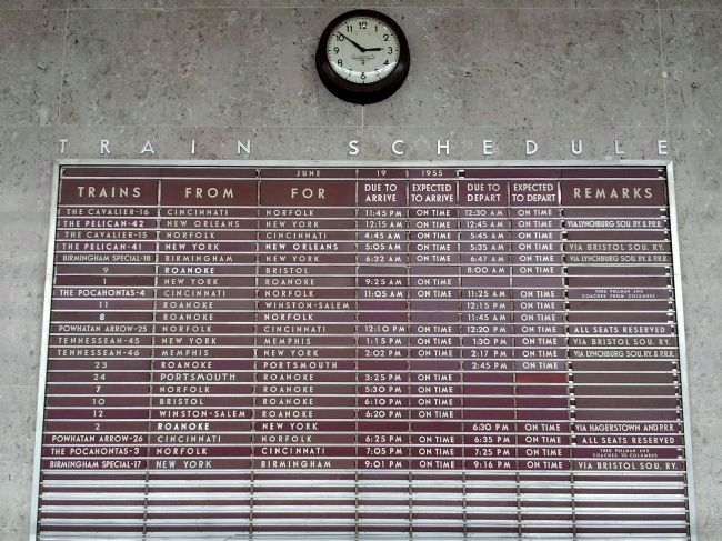 N&W Passenger Station Train Schedule Board image. Click for full size.