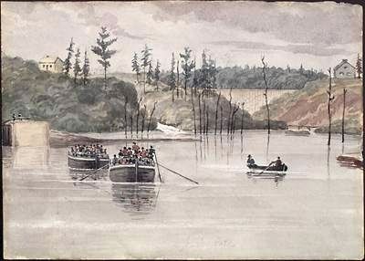 Durham boats passing through Jones Falls in the 1830s image. Click for full size.