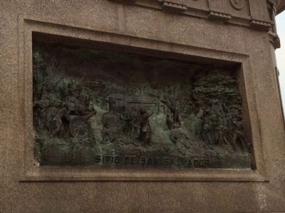 Bronze relief of the Siege of San Salvador (north side of monument). Click for full size. Bronze relief of the Siege of San Salvador (north side of monument) image. Click for full size.