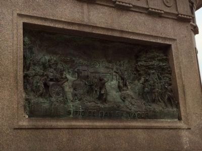 Bronze relief of the Siege of San Salvador (north side of monument) image. Click for full size.