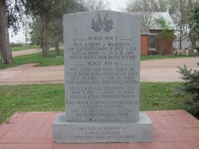 The north side of the marker lists the Strang fallen sons from WWI and WWII.. Click for full size. The north side of the marker lists the Strang fallen sons from WWI and WWII. image. Click for full size.