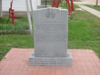 The south side of the Fallen Sons of Strang marker lists those who died in Korea and Vietnam.. Click for full size. The south side of the Fallen Sons of Strang marker lists those who died in Korea and Vietnam. image. Click for full size.