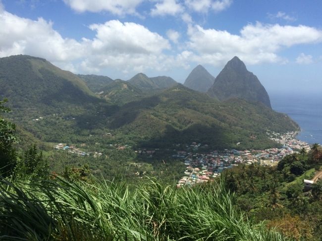 Another view of the Pitons with the town of Soufriere at the base. image. Click for full size.