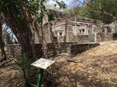 Wide view of Josset's House Marker with the ruins of the house behind. image. Click for full size.