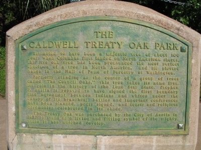 The Caldwell Treaty Oak Park Marker. Click for full size. The Caldwell Treaty Oak Park Marker image. Click for full size.
