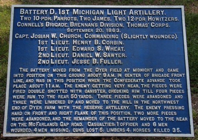 Battery D, 1st Michigan Light Artillery Marker. Click for full size. Battery D, 1st Michigan Light Artillery Marker image. Click for full size.