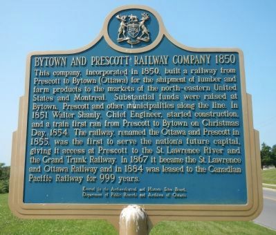 Bytown and Prescott Railway Company 1850 Marker. Click for full size. Bytown and Prescott Railway Company 1850 Marker image. Click for full size.