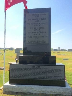 Grave marker for PFC Sousley & Memorial to Iwo Jima. image. Click for full size.