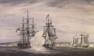 Depiction of the engagement of the Royal George and the American brig Oneida in Kingston harbour image. Click for full size.