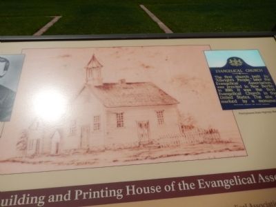Illustration of first church and print shop image. Click for full size.