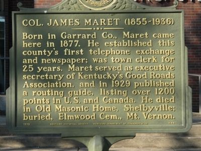 Col. James Maret (1855- 1936) Marker image. Click for full size.