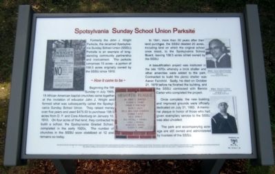 Spotsylvania Sunday School Union Parksite Marker. Click for full size. Spotsylvania Sunday School Union Parksite Marker image. Click for full size.