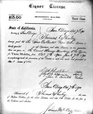 Liquor License<br>To Thomas Whaley<br>1860 - 1880 image. Click for full size.