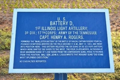 U.S. Battery D, 1st Illinois Light Artillery Marker. Click for full size. U.S. Battery D, 1st Illinois Light Artillery Marker image. Click for full size.