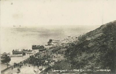 <i>Landing at Anzac Cove (GALLIPOLI.) 25th April 1915</i>. Click for full size. <i>Landing at Anzac Cove (GALLIPOLI.) 25th April 1915</i> image. Click for full size.