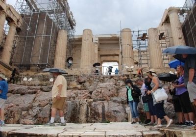 A. The Propylaia, B. The Shrine of Athena Hygieia and Hygieia Marker. Click for full size. A. The Propylaia, B. The Shrine of Athena Hygieia and Hygieia Marker image. Click for full size.