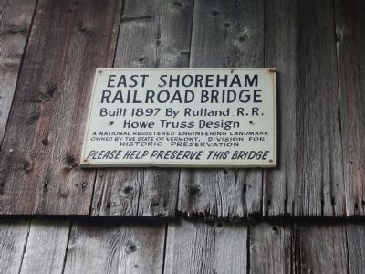 Sign inside Shoreham Covered Railroad Bridge image. Click for full size.