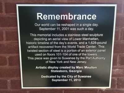Suwanee, Georgia 9/11 Memorial Marker. Click for full size. Suwanee, Georgia 9/11 Memorial Marker image. Click for full size.