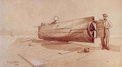 The Hunley on pier. image. Click for full size.